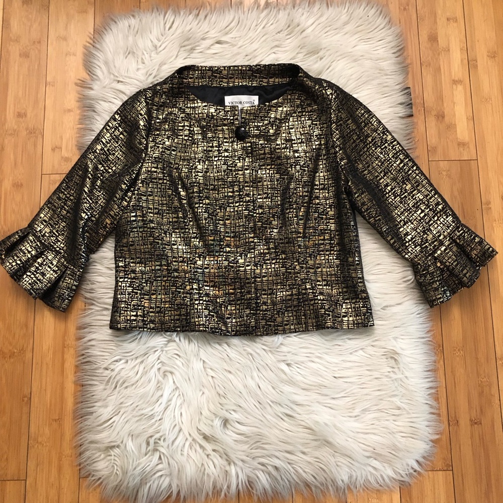 Victor Costa Jacquard Metallic Gold Textured Streak Pattern Cropped Jacket 12
